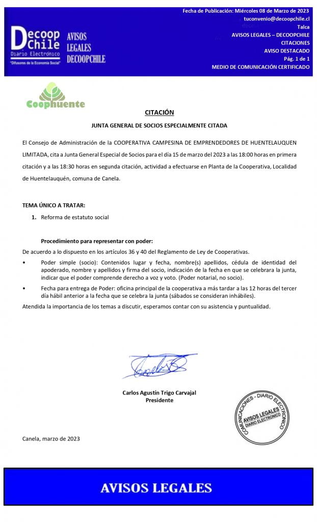 Citación Junta General de Socios Especialmente citada Cooperativa Campesina de Emprendedores de Huentelauquén «Coophuente» item-thumbnail