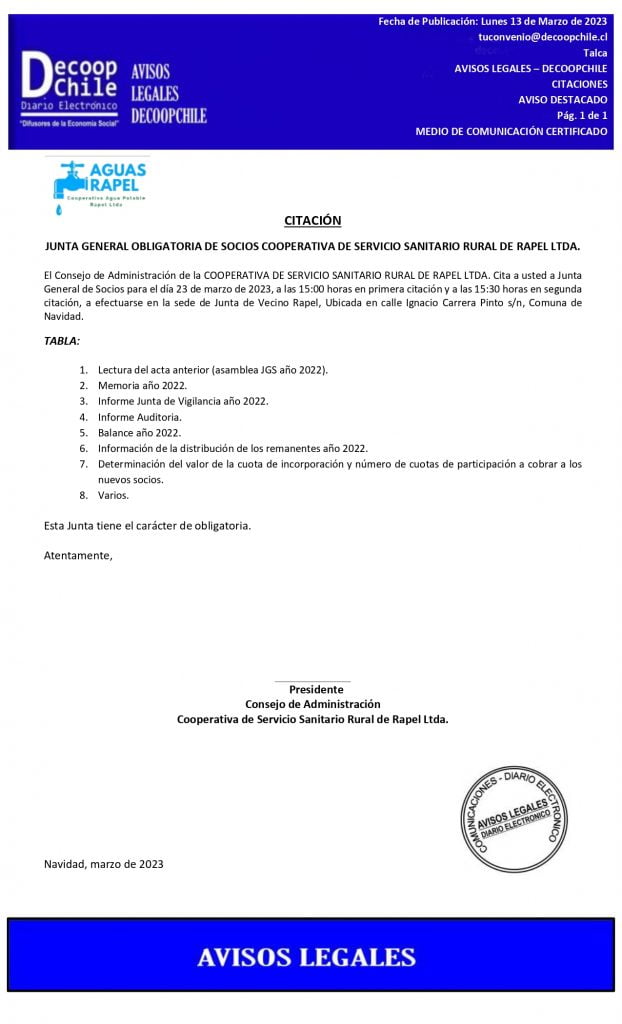 Citación Junta General Obligatoria de Socios Cooperativa de Servicio Sanitario Rural de Rapel Ltda item-thumbnail