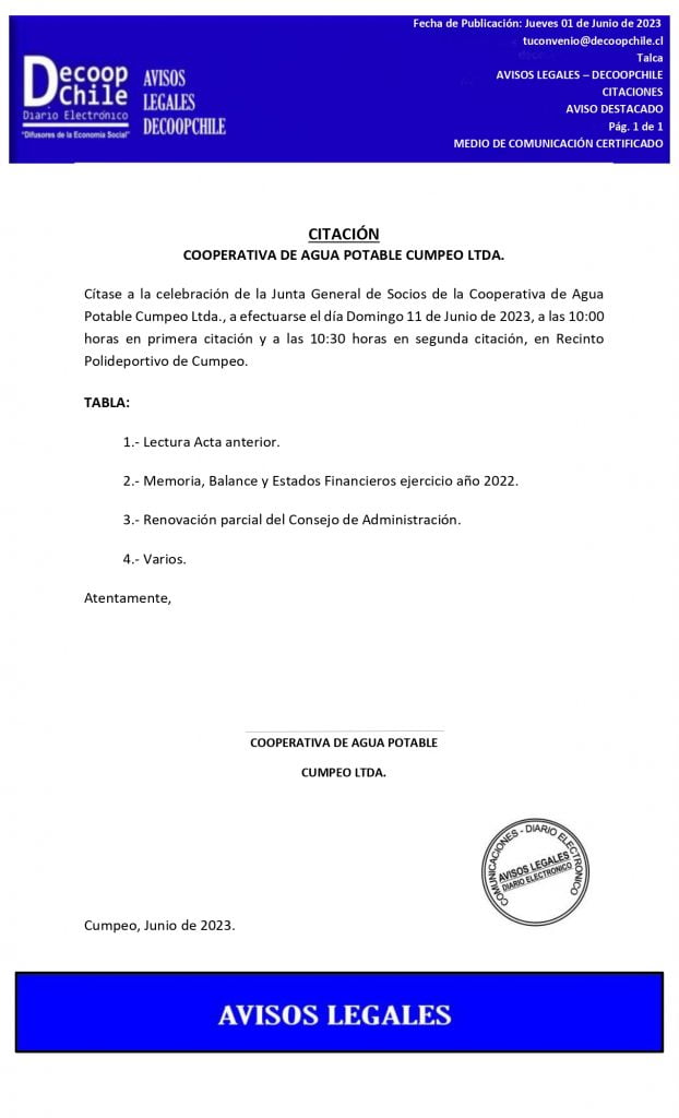 Citación Junta General de Socios Cooperativa de Agua Potable «Cumpeo Ltda» item-thumbnail