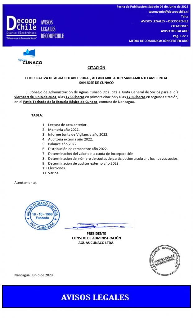 Citación Junta General de Socios Cooperativa de Agua Potable Rural, Alcantarillado y Saneamiento Ambiental San José de Cunaco «Aguas Cunaco Ltda» item-thumbnail
