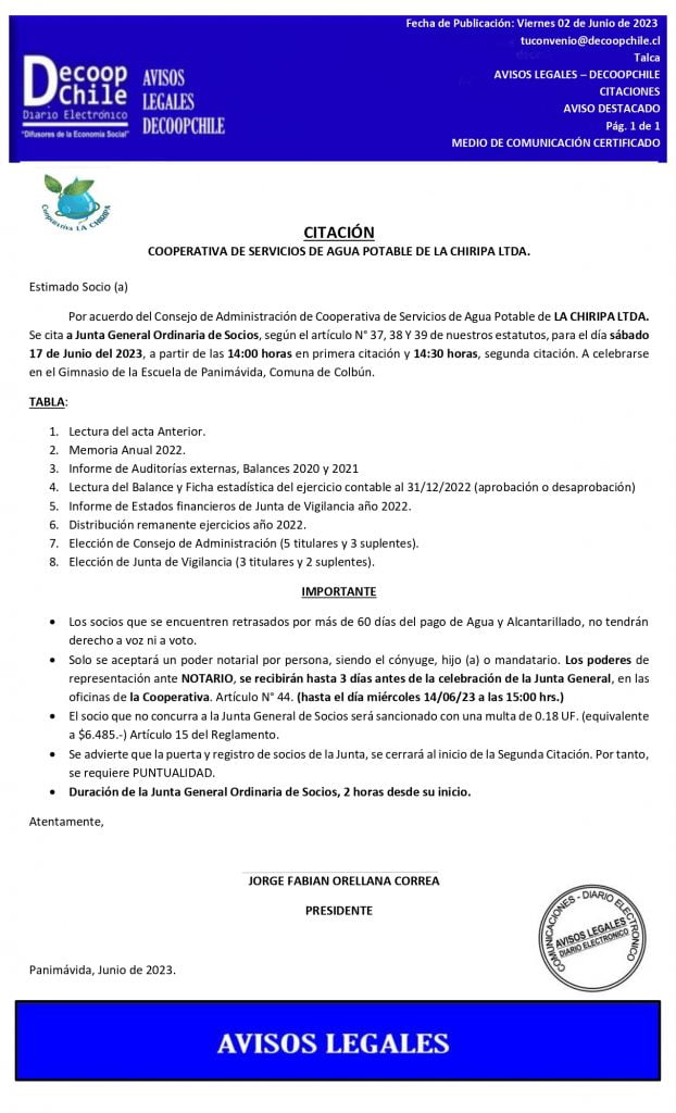 Citación Junta General de Socios Cooperativa de Servicios de Agua Potable de La Chiripa Ltda. item-thumbnail