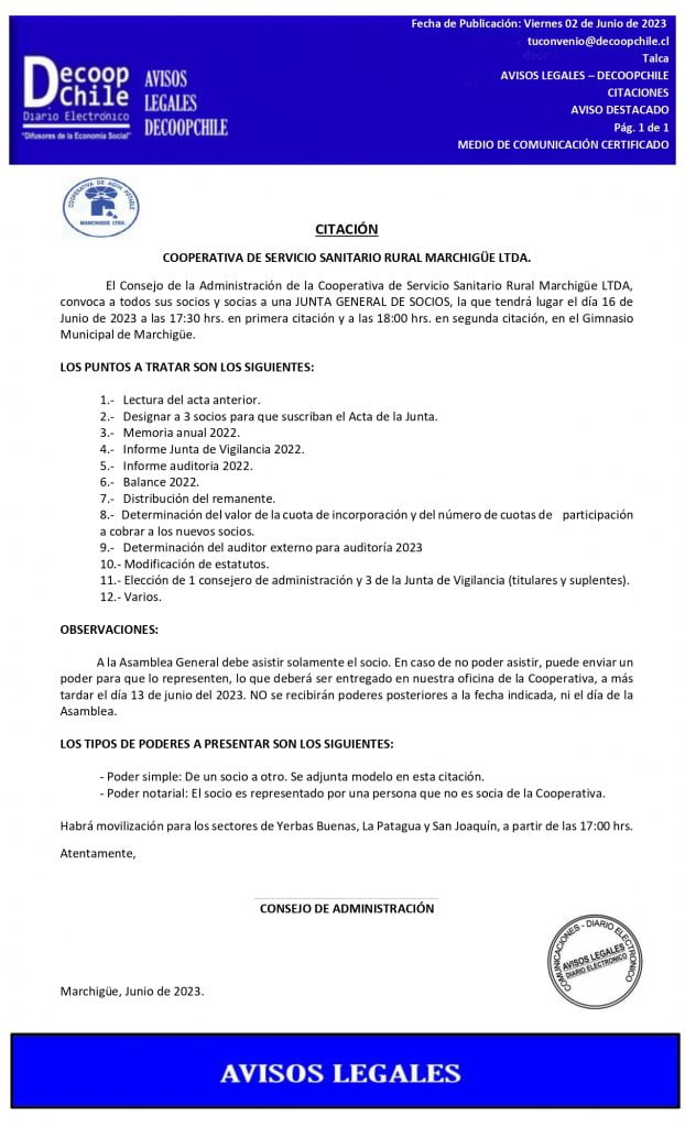 Citación Junta General de Socios Cooperativa de Servicio Sanitario Rural «Marchigue Ltda» item-thumbnail
