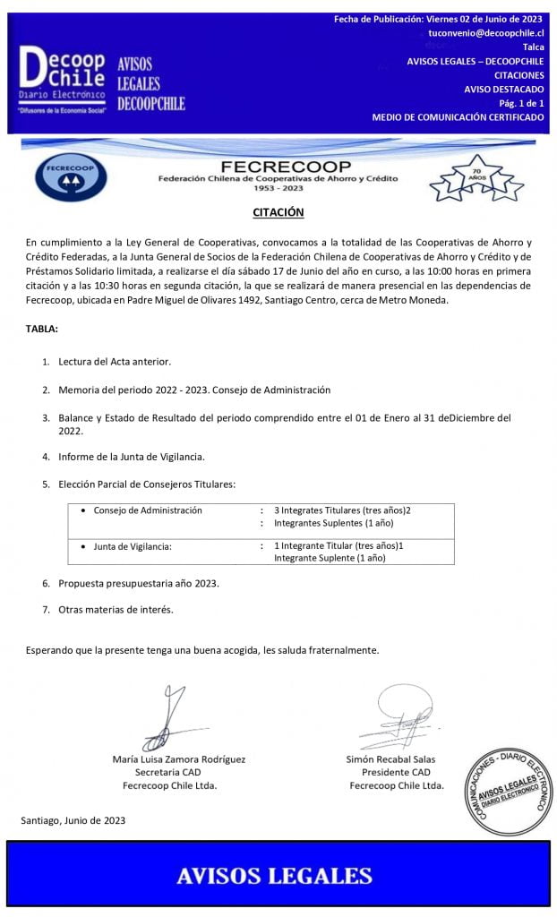 Citación Junta General de Socios Federación Chilena de Cooperativas de Ahorro y Crédito y de Préstamos Solidarios Ltda. «Fecrecoop» item-thumbnail